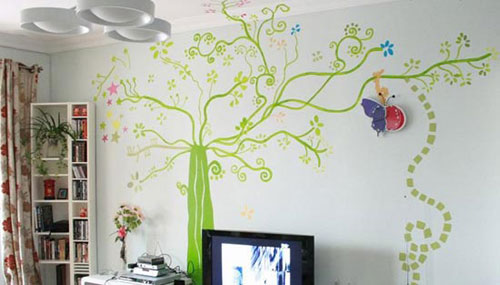 手绘电视墙  绿树满屋